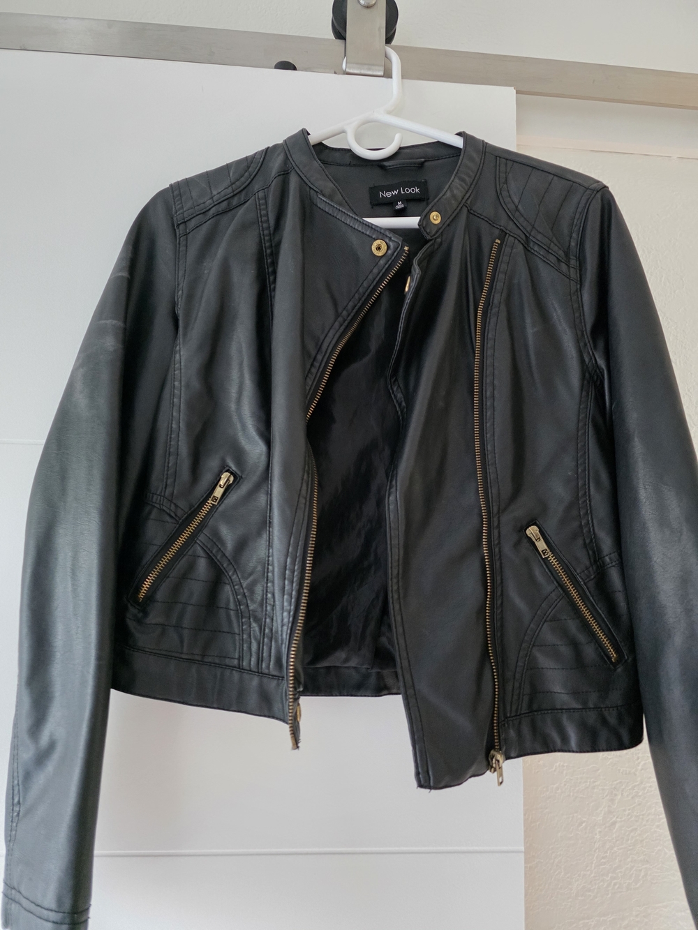 New Look Black Faux Leather Asymmetric Zip Jacket with Gold Hardware